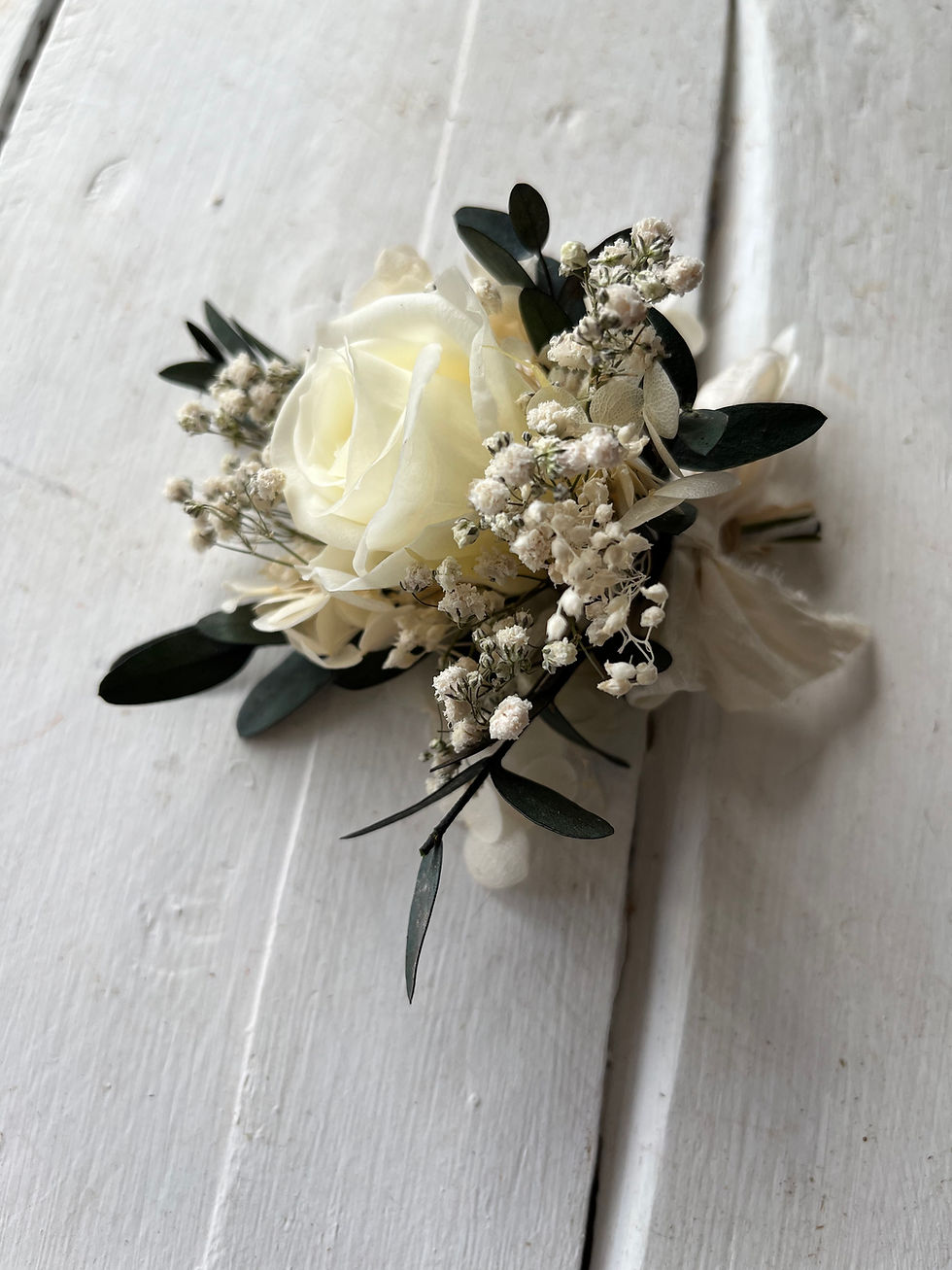 Thumbnail: Preserved Cream Rose Wedding Boutonniere silk ribbo