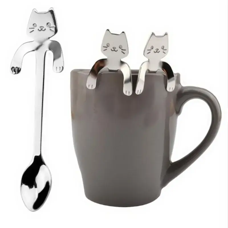 Stainless Steel Coffee Spoon Lovely Cute Cat Shape Teaspoon Dessert Snack Scoop 