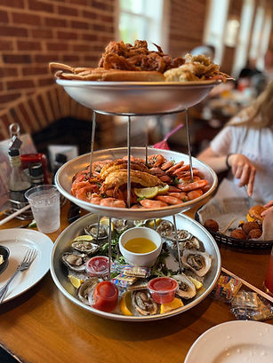 Seafood tower with crab legs, oysters, shrimp and lobster at The Crab Trap Fernandina Beach