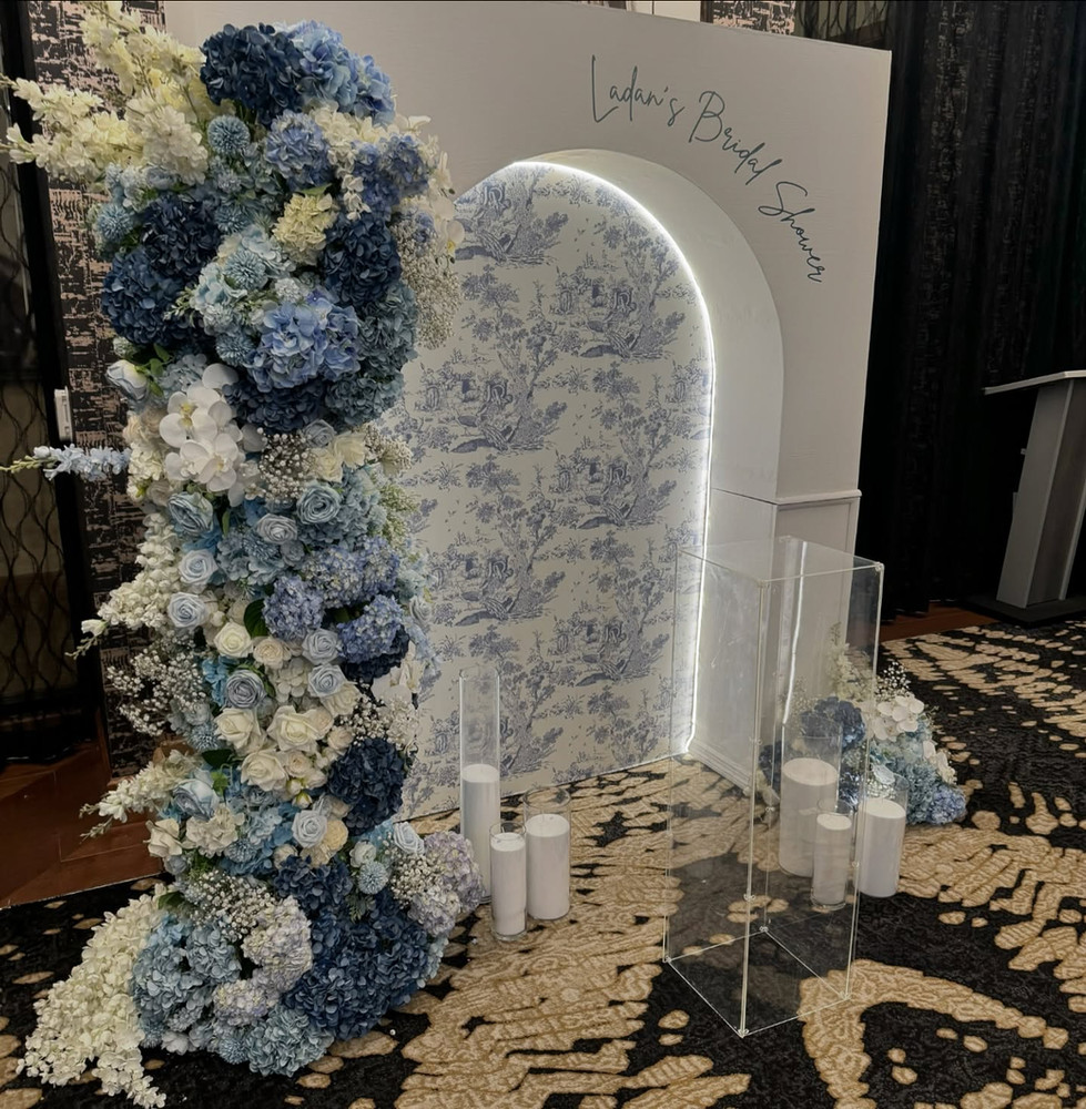 Blue floral bridal shower setup