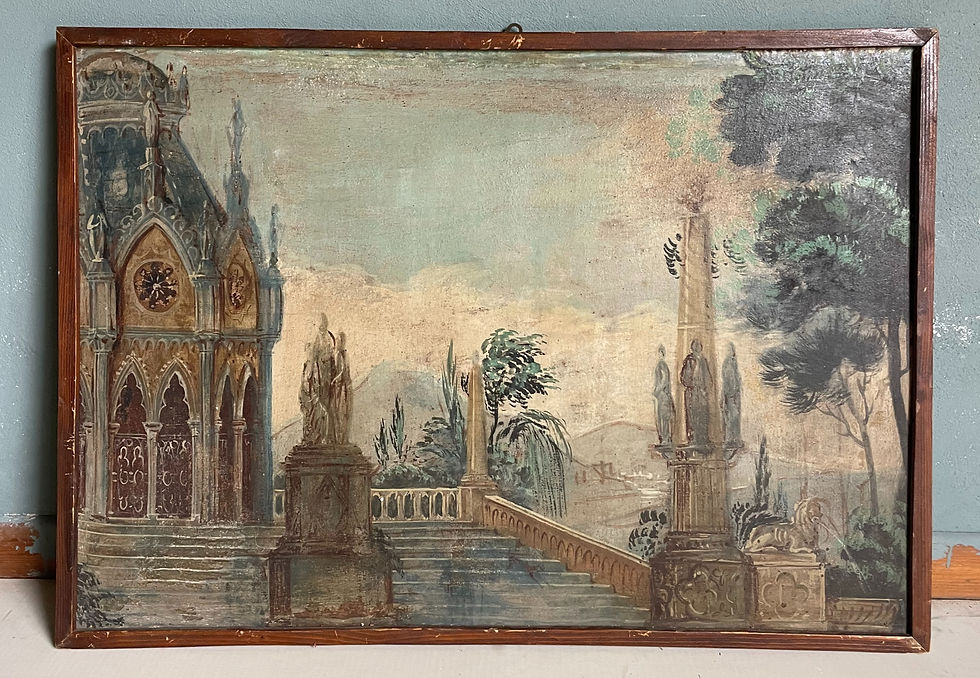 Dipinto paesaggistico con statue