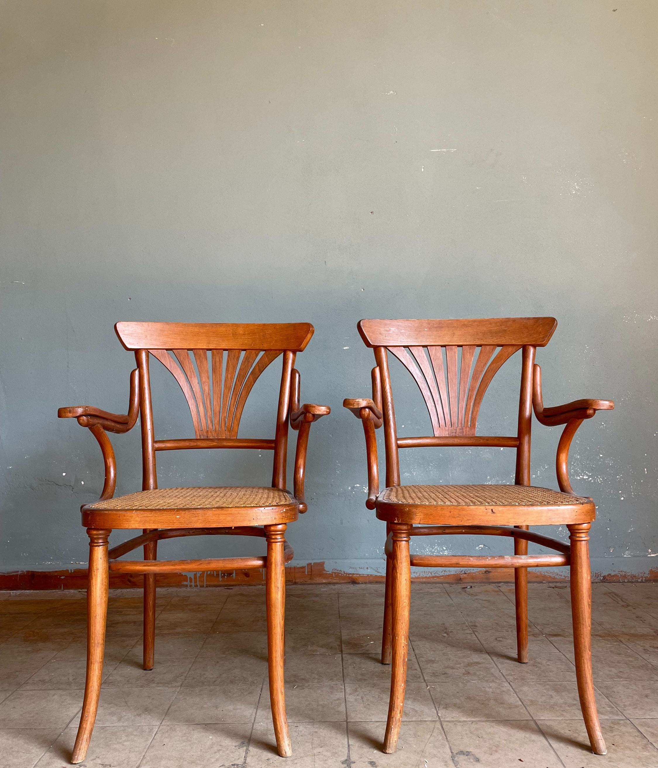 Coppia di sedie in legno curvato con seduta in paglia di Vienna