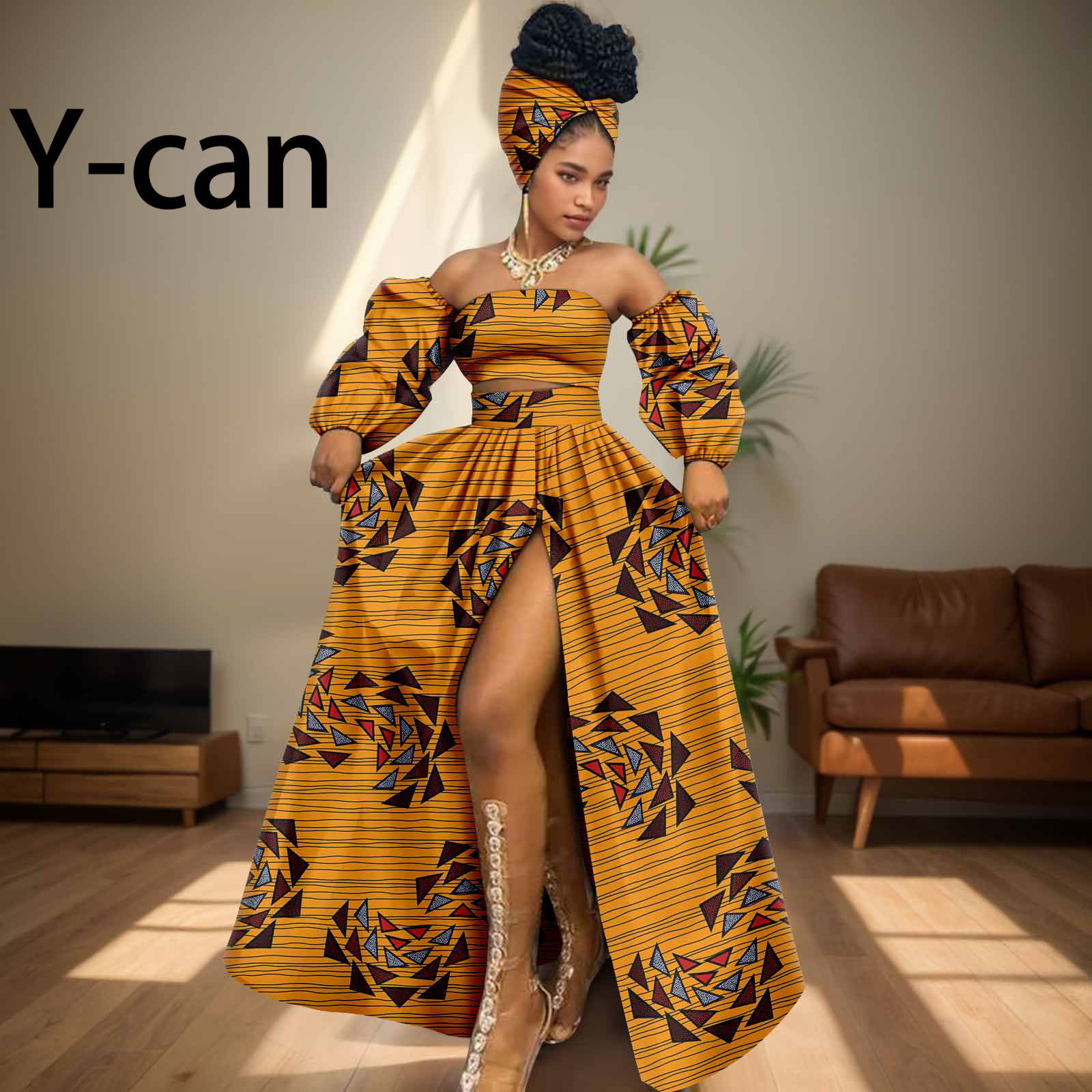 African Women Sexy Sets Two Pieces 2024 Ankara Print Tube Top High Slit Skirt Fr