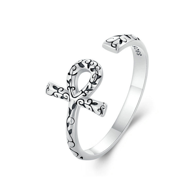 WOSTU Real 925 Sterling Silver Ankh Egyptian Cross Opening Rings for Women Retro