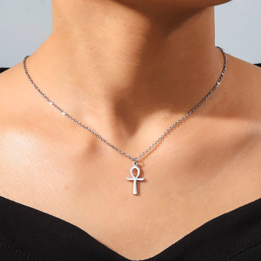LIKGREAT Vintage Stainless Steel Ankh Cross Egyptian Amulet Pendant Necklace Rel