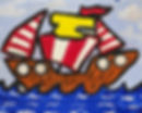 Child's painting of a pirate ship on blue waves
