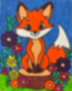 Kids painting of a cartoon fox on a log with flowers.