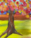 Painting of a brown tree with colorful swirl leaves