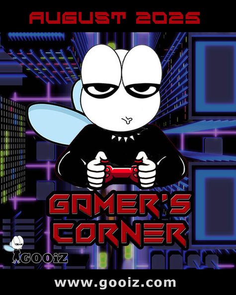 To GOOiZ κρατά κόκκινο χειριστήριο για Video Games, κείμενο "GAMER'S CORNER" και "AUGUST 2025". έντονο χρώμα.