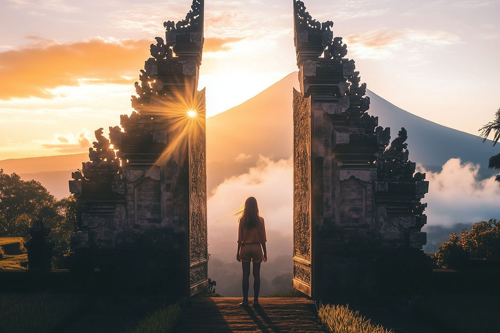A person standing between the iconic 'Gates of Heaven' at Pura Penataran Agung Lempuyang in Bali, with the sun rising/setting