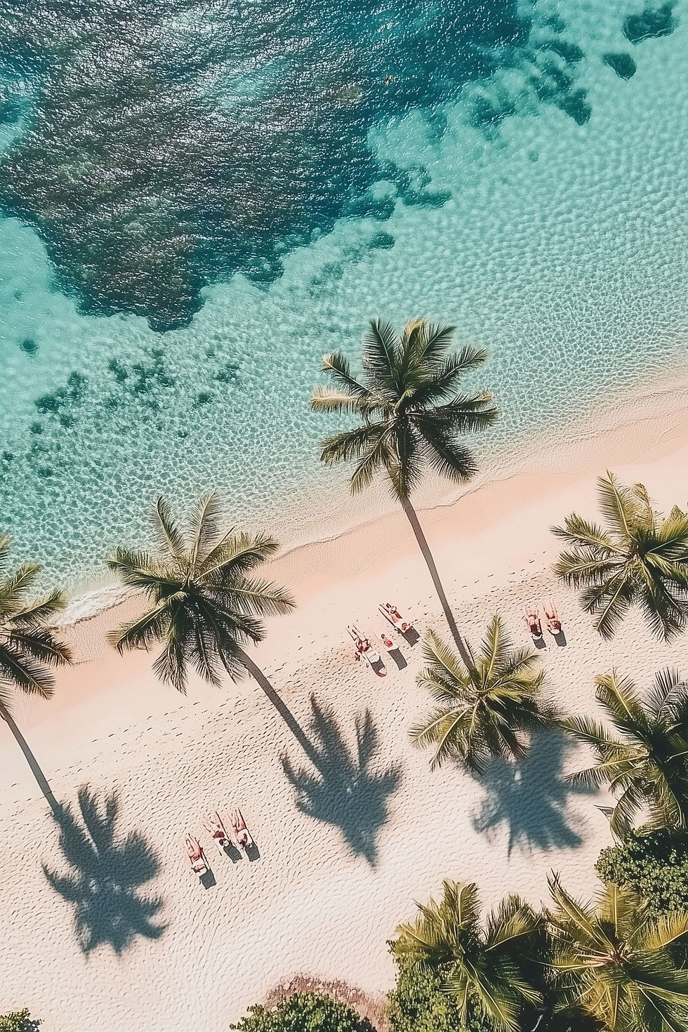 overhead view of a beach with ocean and palm trees