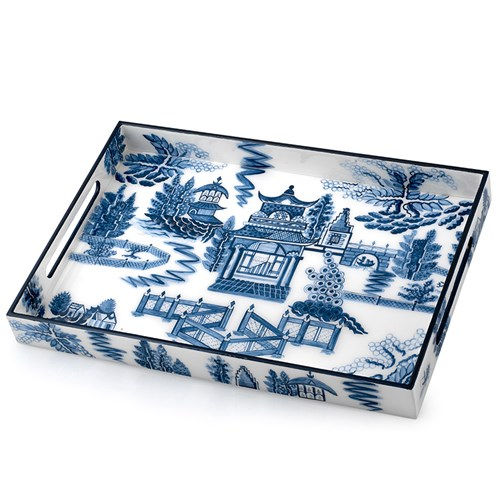 Blue Chinoiserie Rectangular Lacquered Tray