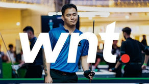 A photo of Johann Chua, a pool player, in the background at the Philippines Open, with the World Nineball Tour Logo on top in white. 
