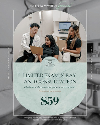 Main Dental of Melissa, TX 75454 – Dentist, Melissa Dentist, Dental Clinic, Dental office in Melissa, best dentist in Melissa TX, Dental clinic near me, Family Dentistry, General Dentistry, Cosmetic Dentistry, Emergency Dentist, Emergency Dental Care, Teeth Whitening, Dental Implants, Tooth Extraction, Wisdom Teeth Removal, Root Canal Therapy, Veneers, Dental Crowns, Dental Bridges, Dentures, Dental Fillings, Pediatric Dentistry, Fluoride Treatment, Checkups and Cleanings, Oral Cancer Screening, Night Guard, Clear Aligners, Affordable Dentist Melissa, Tooth Pain Relief, Gum Disease Treatment