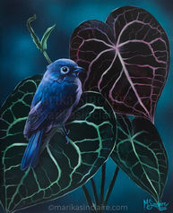 blue bird on anthurium clarinervium leaves acrylic painting, fine art, marika sinclaire