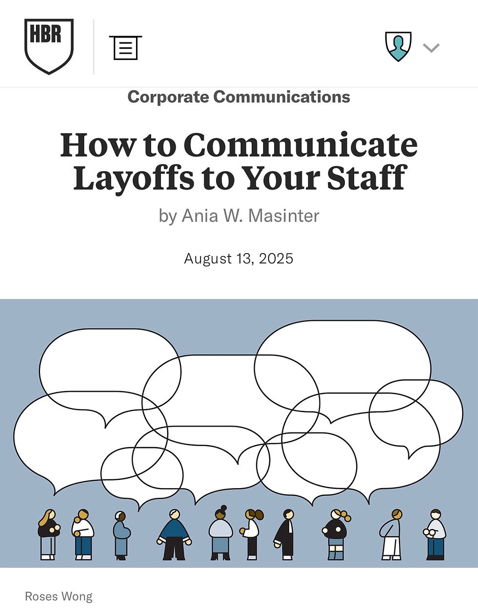 Illustrated people with speech bubbles on a blue background. Text: How to Communicate Layoffs to Your Staff by Ania W. Masinter, August 13, 2025.