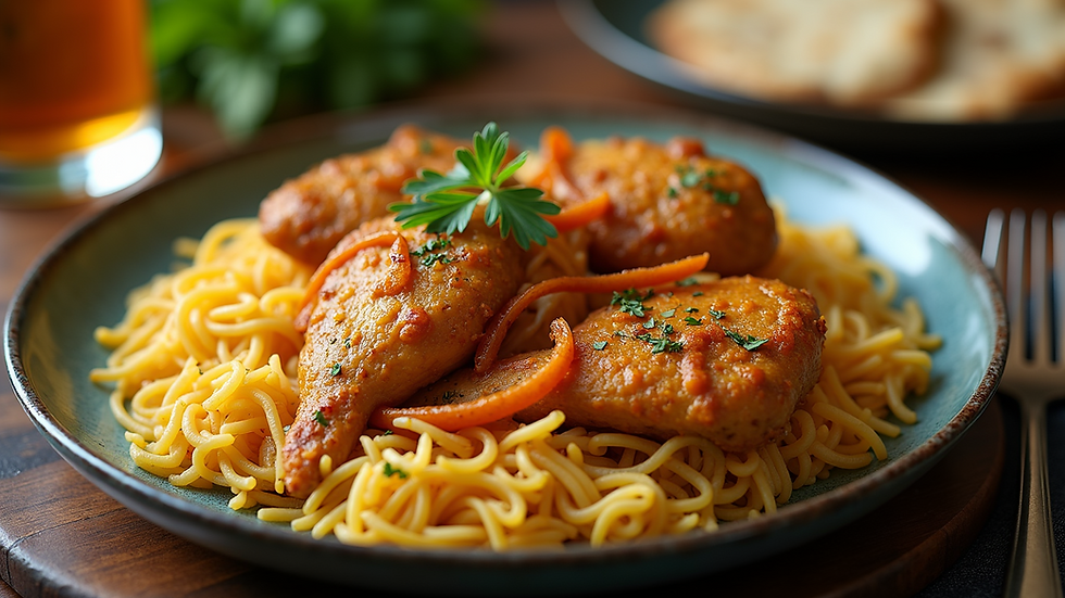 High angle view of a plate of chicken biryani with fried onions and herbs