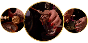 Three photos of a woman making a potion