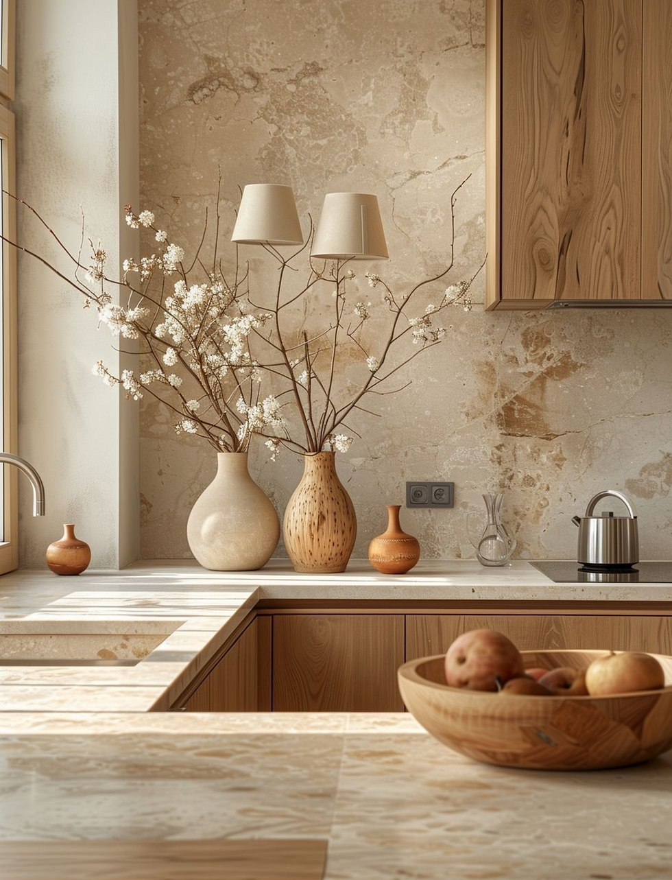 Cuisine en bois et pierre naturelle
