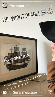 "Sooooo Excited!!!
Months ago we discovered @islanddesignco an artist based on the Isle of Wight . . .
We chatted about the island, pirates and she welcomed some design requests from the pirate of course . . .
And now we have our very own one of a kind ship . . . The Wight Pearl! I think he will stare at it for hours!
Thank you @islanddesignco for our Wight Pearl we love it beyond words . . .
A special family heirloom for this pirate family who love the Isle of Wight! Arrrrrrrrrrrr Love S xxxxxx" (7-4-18 F)