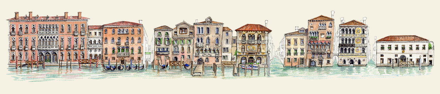 Watercolour illustration of the South bank of the Grand Canal, Venice