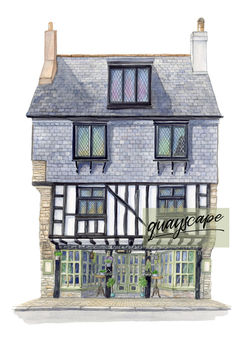 Illustration of the historic building, Bayard's Cove Inn, Dartmouth with a grey slate roof, striped black-and-white facade, green doors, and windows