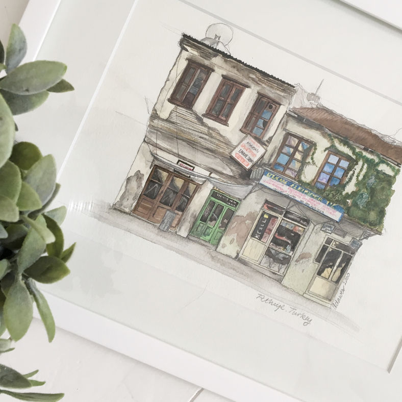 Watercolour sketch of a Turkish street