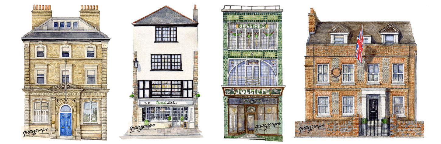 Watercolour illustrations of Princes Building Cowes, Mammas Kitchen Dartmouth, Jolliffes Cowes & Westbourne House Cowes
