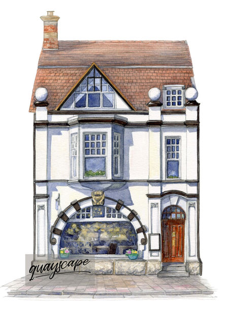 Architectural watercolour illustration of the Bushell's restaurant, Dartmouth