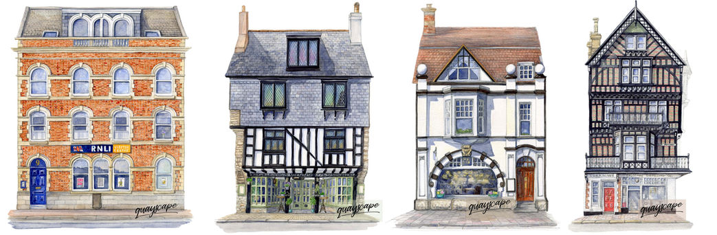 Watercolour illustration of shops & restaurants
