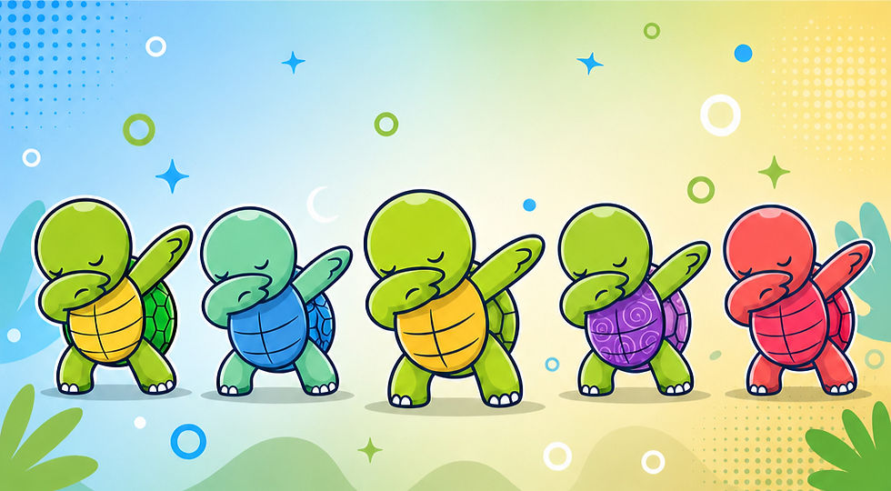 a group of turtles dabbing