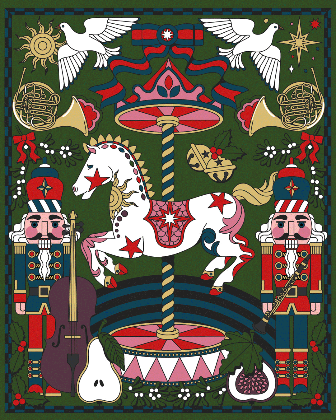 Christmas illustration system for beauty, skincare, and heritage brands, featuring nostalgic festive motifs and refined colour palettes, created by Linda Baritski seasonofvictory, illustrator to hire for luxury and heritage-led brands.