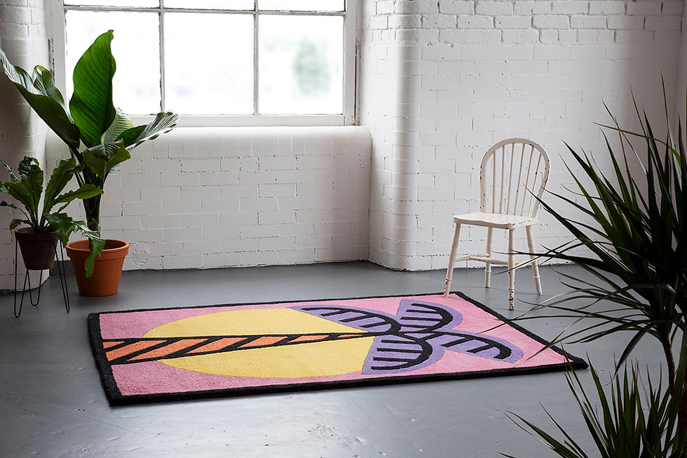 colorful rug Linda Baritski aka seasonofvictory STUDIO KNOT - "UNWASTED", The Eco Rug Collection I collaborated with STUDIO KNOT on 9 limited edition handwoven art rugs for their 2nd collection: "UNWASTED, The Eco Rug Collection". These soft, ethical rugs are hand tufted by artisan weavers in India and made of 100% recycled material diverted from landfills. The rugs bear the Goodweave International label ensuring that no child labour has been used on any of them. A portion of the rug sale goes back into Goodweave to rescue children from slavery within the rug industry. As a designer, if you've worked for brands on the high street or fast-fashion, you are aware the products you're involved with aren't always ethical - just to meet price points. This won't go away completely, but it's great to work with a company who are trying to make steps to change that.