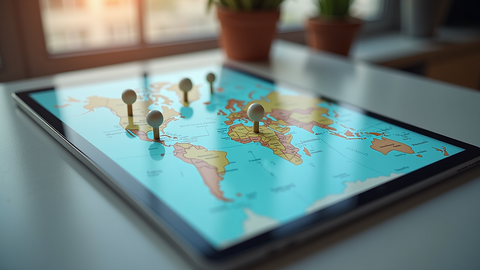 High angle view of a tablet displaying a map with property pins
