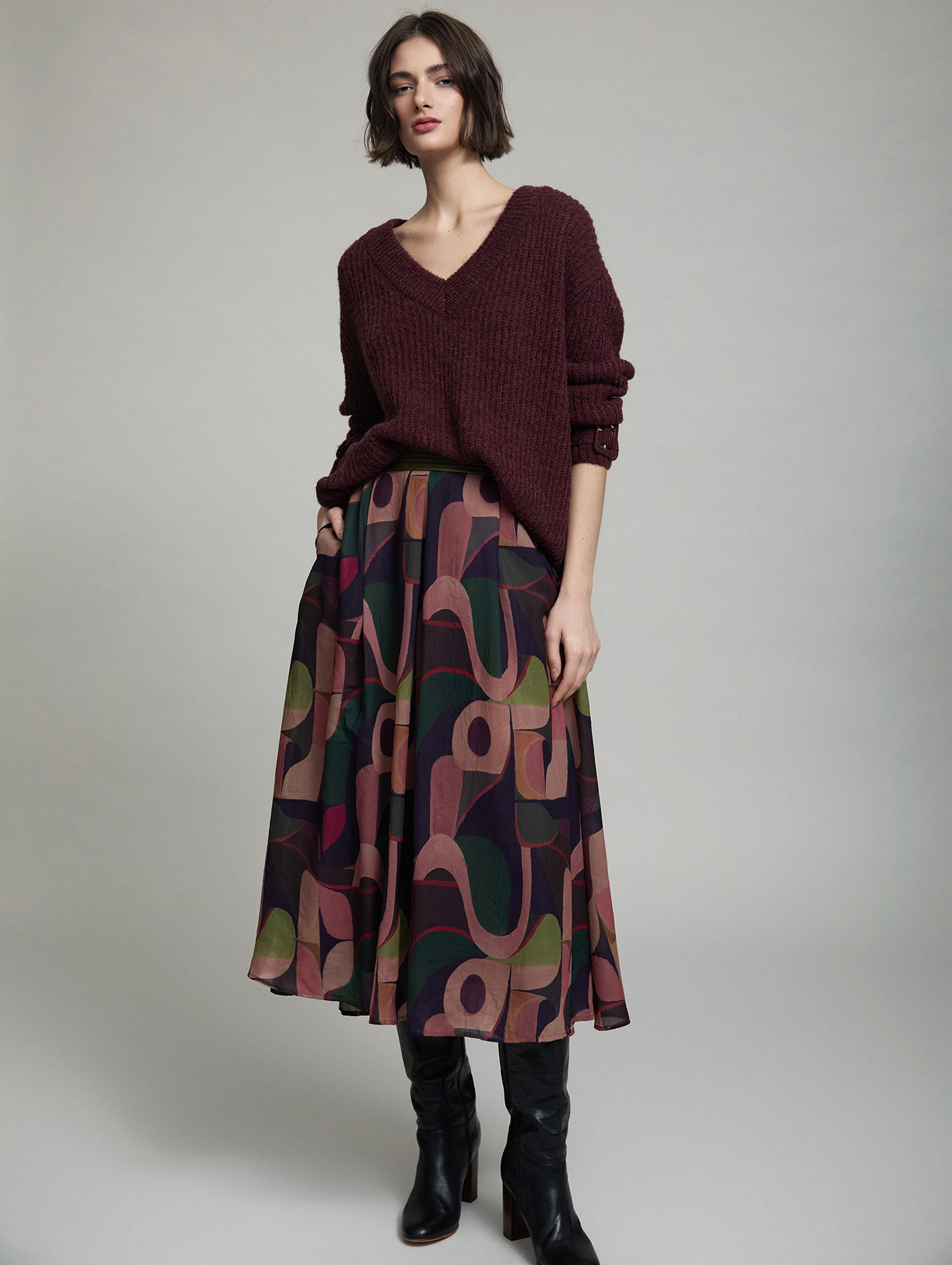 Skatie Printed Skirt Faux Leather Waistband