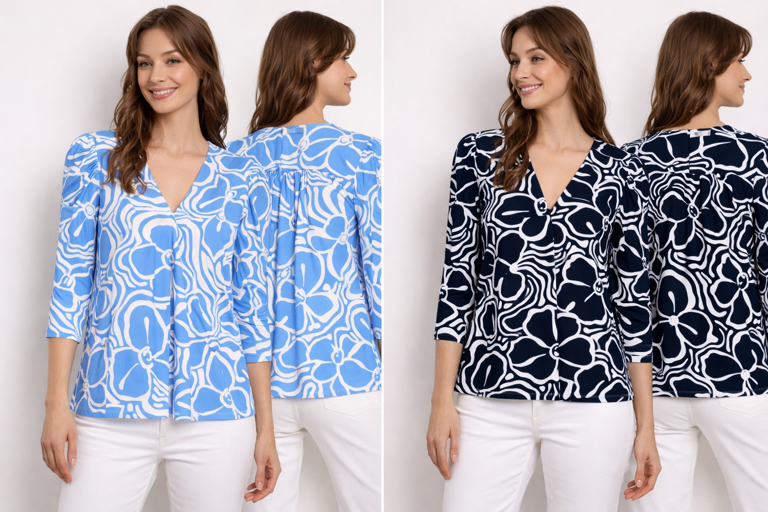 Yest Inna Printed V neck 3/4 sleeve Top Blue and Navy