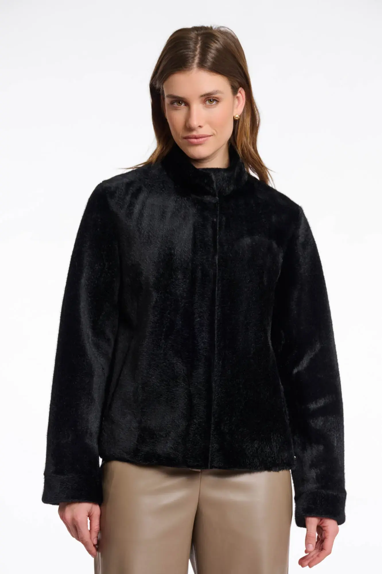 Rino faux fur jacket black front view on model at Ava Boutique