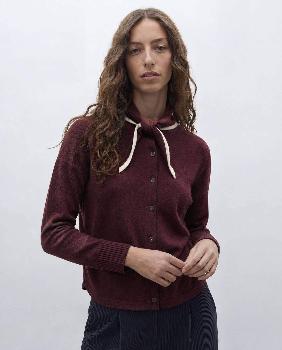 Andam Burgundy Fine Knit Cardigan with Contrast Trim Bandana