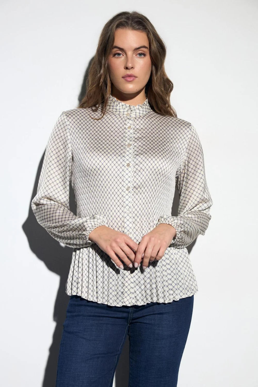 Bariloche Begur Pleated Blouse – Navy & Cream