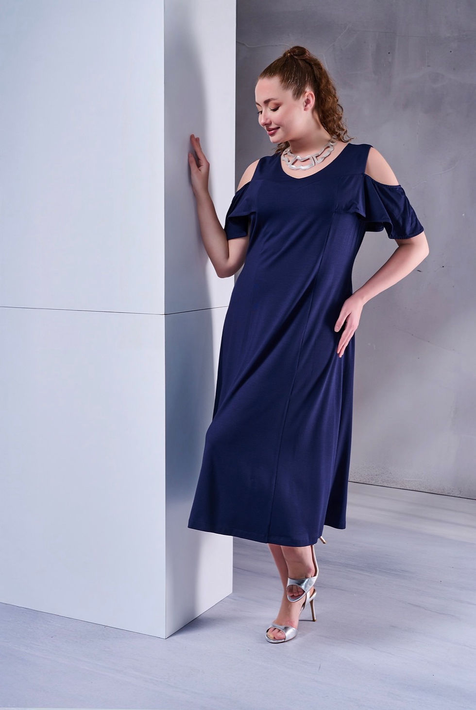 Thumbnail: DeWhites  Navy Cold Shoulder Jersey Midi Dress