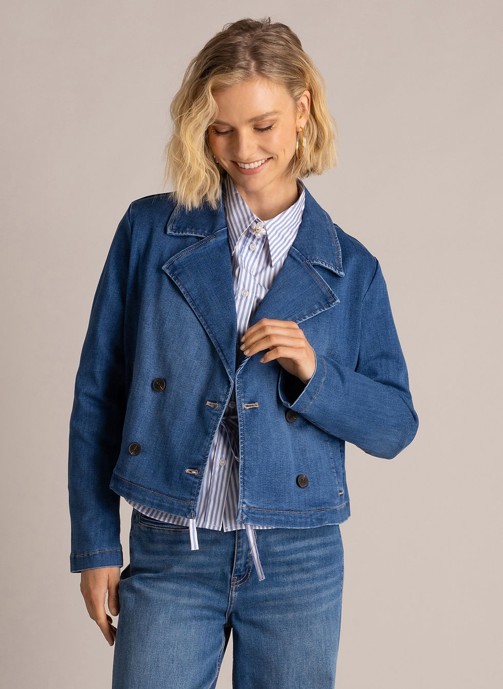Thumbnail: Yest Sonia Dark Wash Denim Trench Jacket