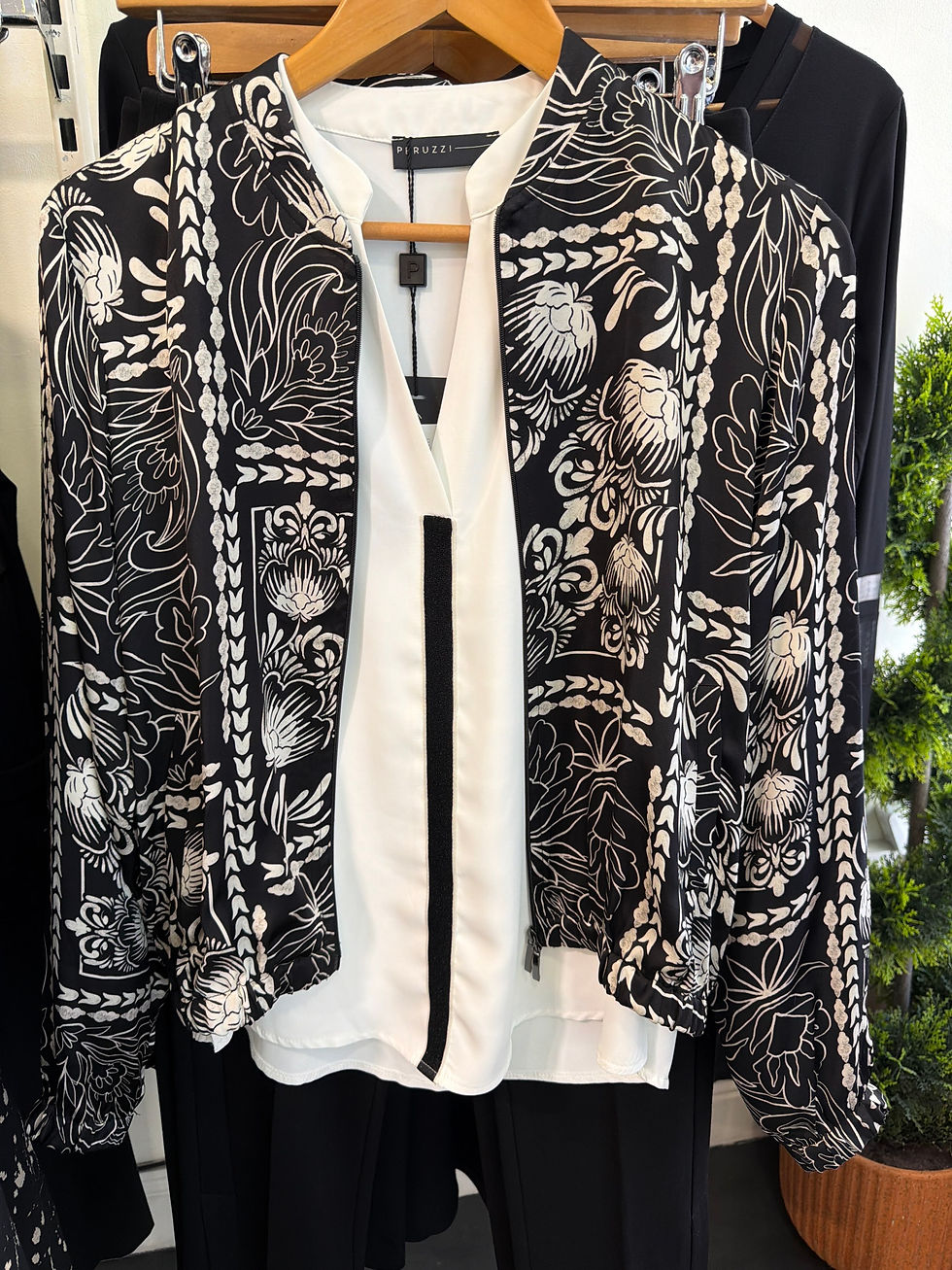 Thumbnail: Bariloche Vada Printed Bomber Blouse – Black & Cream