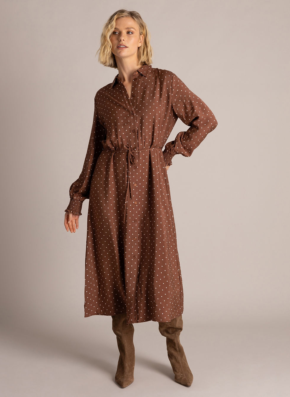 Thumbnail: Yest Sela Polka Dot Dress Moccha Brown