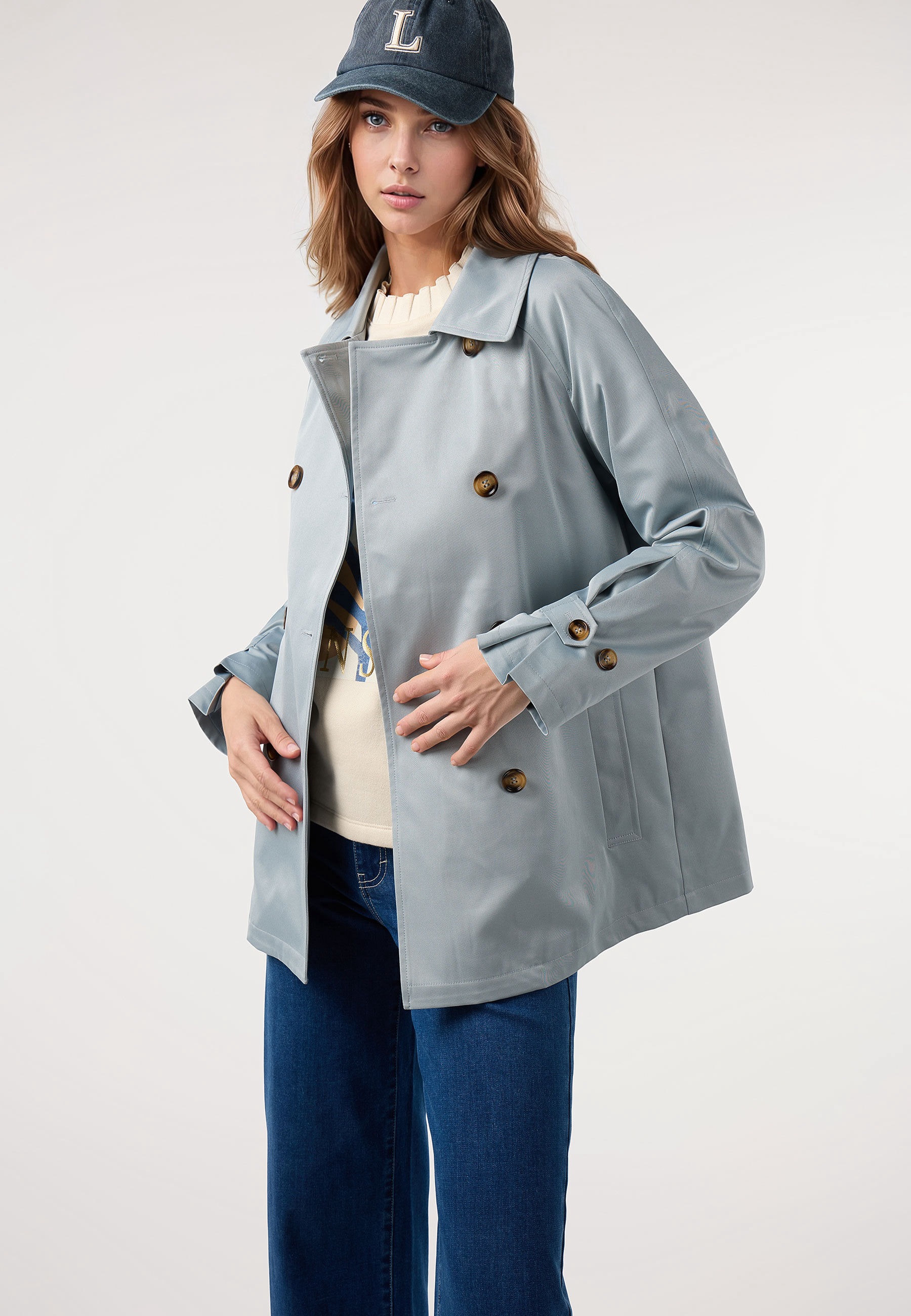 Dandara Soft Blue Double-Breasted Trench Jacket