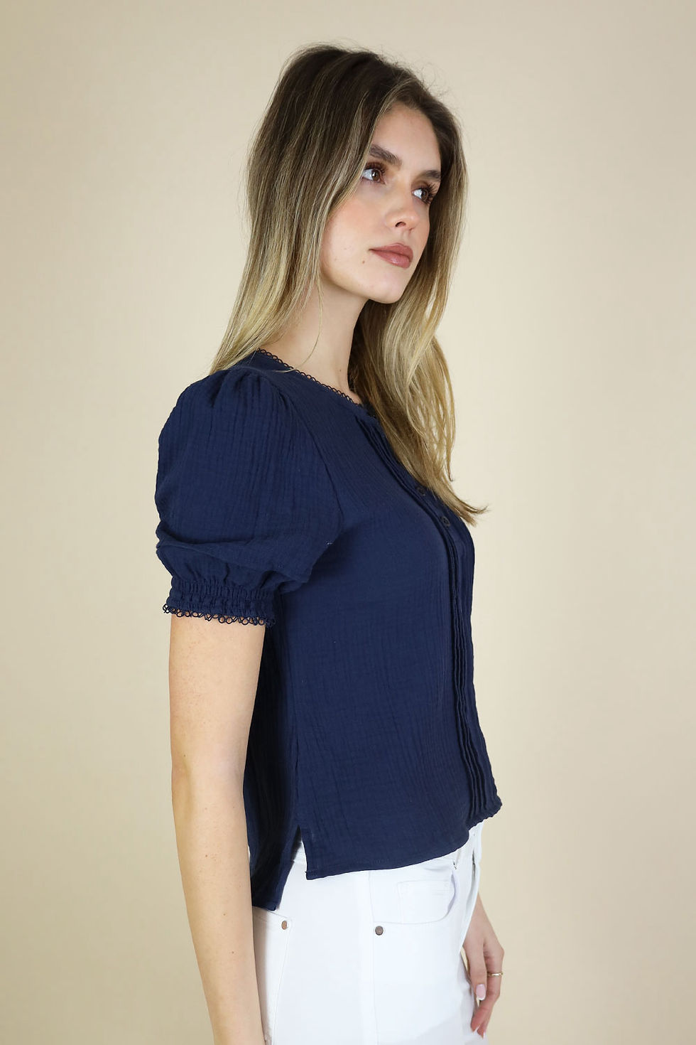 Thumbnail: No2moro Pintuck Cotton Blouse – Navy