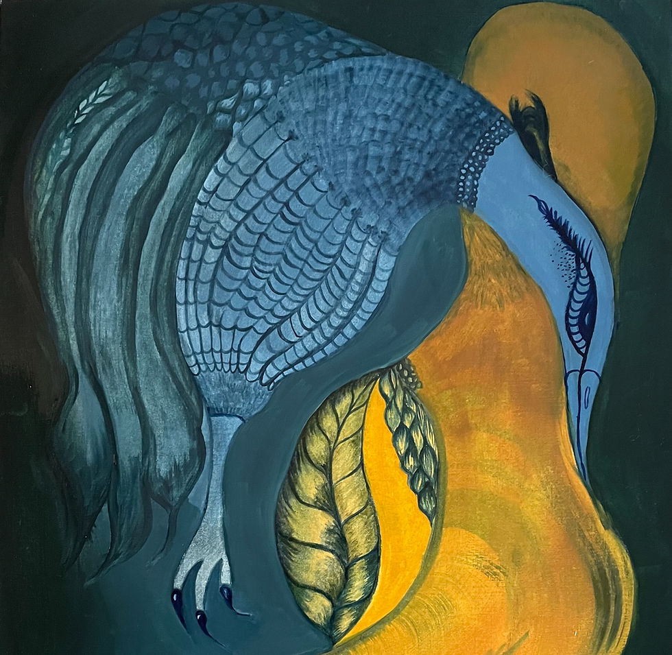 oil painting of birds in blue and yellow