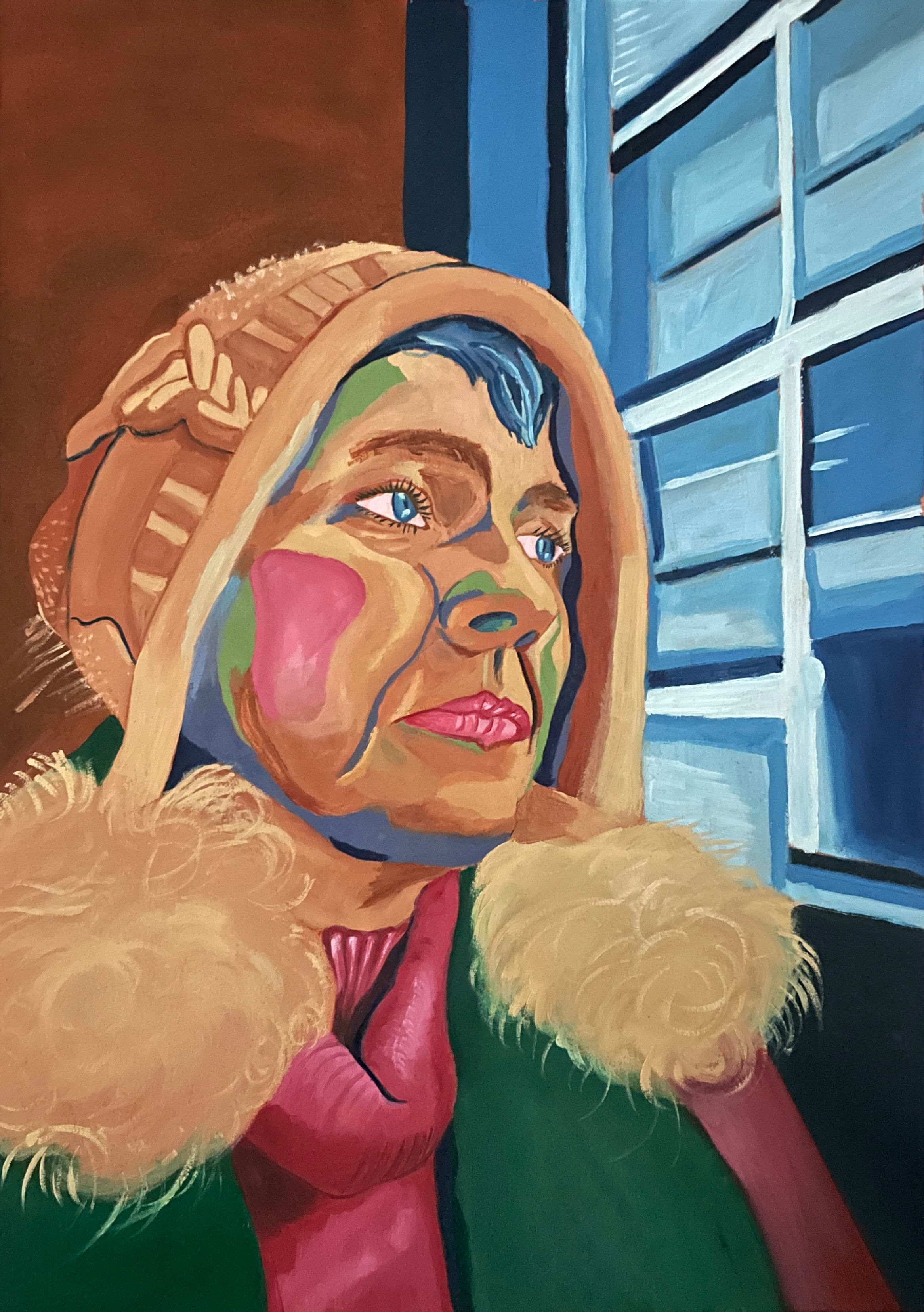 Portrait painting with windows in blue pink green and brown