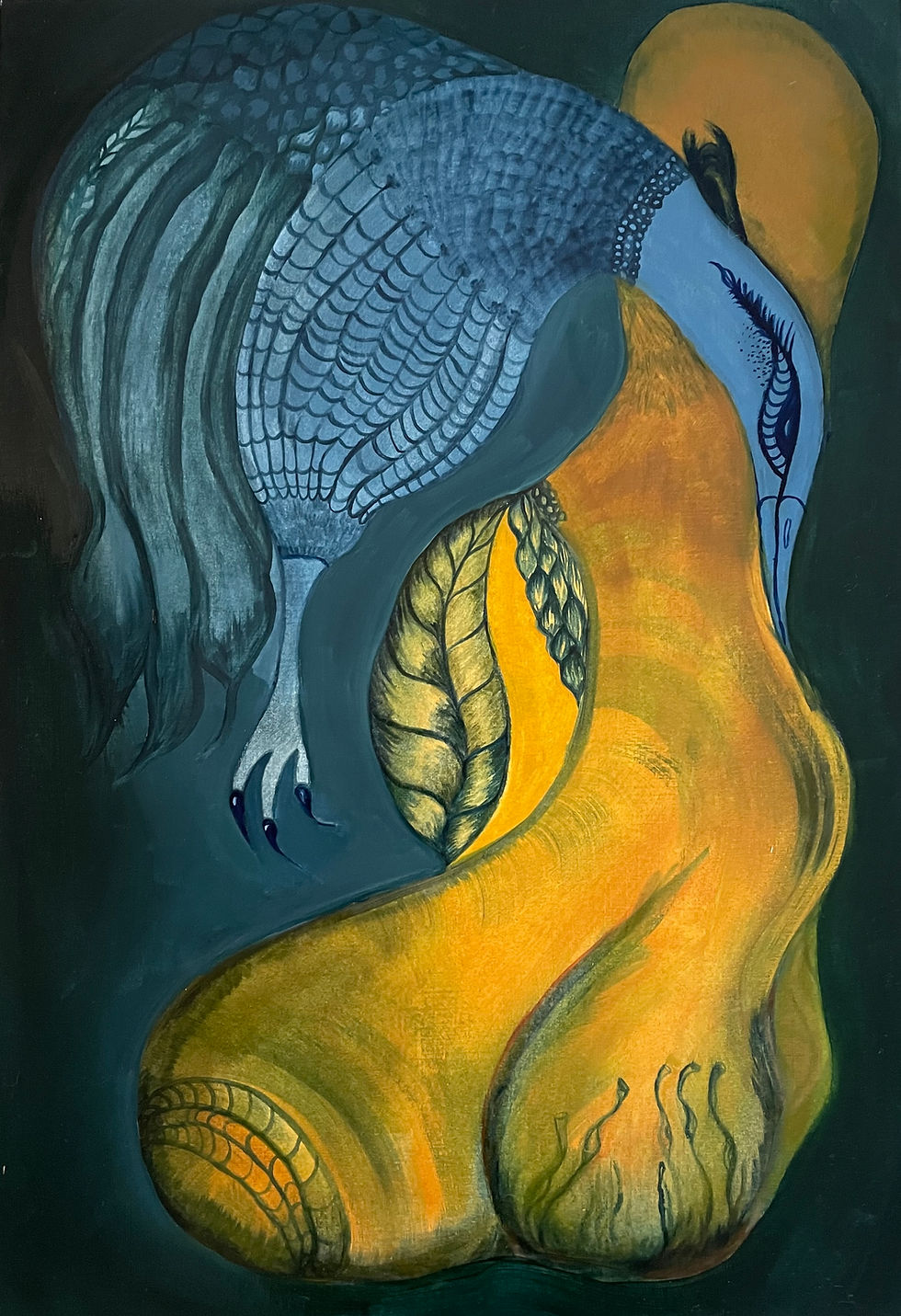 oil painting of birds in blue and yellow