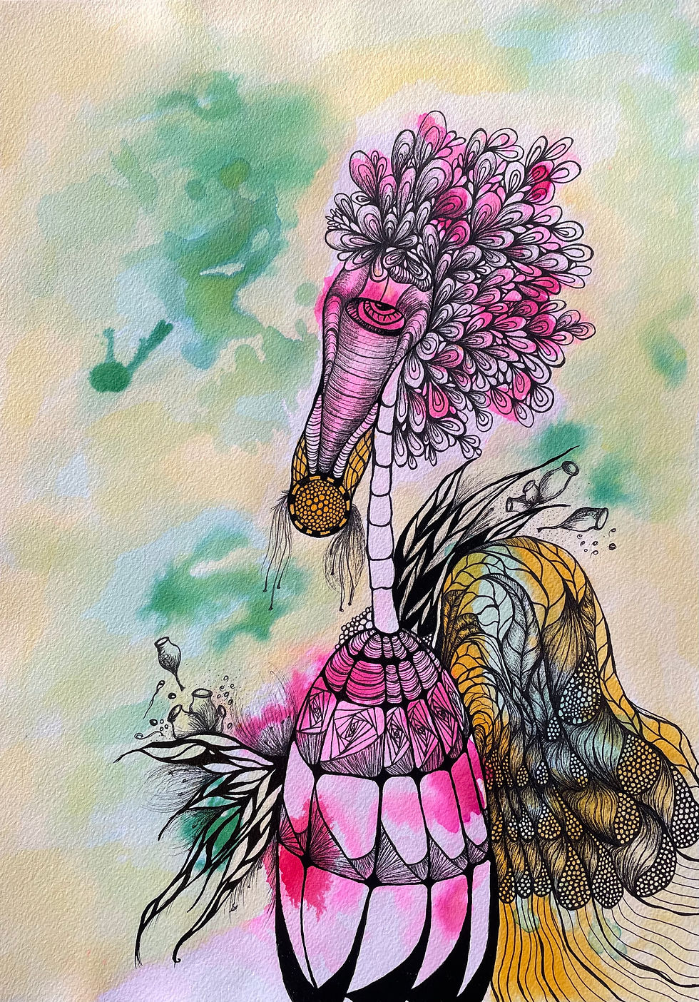 ink drawing on watercolour paper of a bird in pink and green