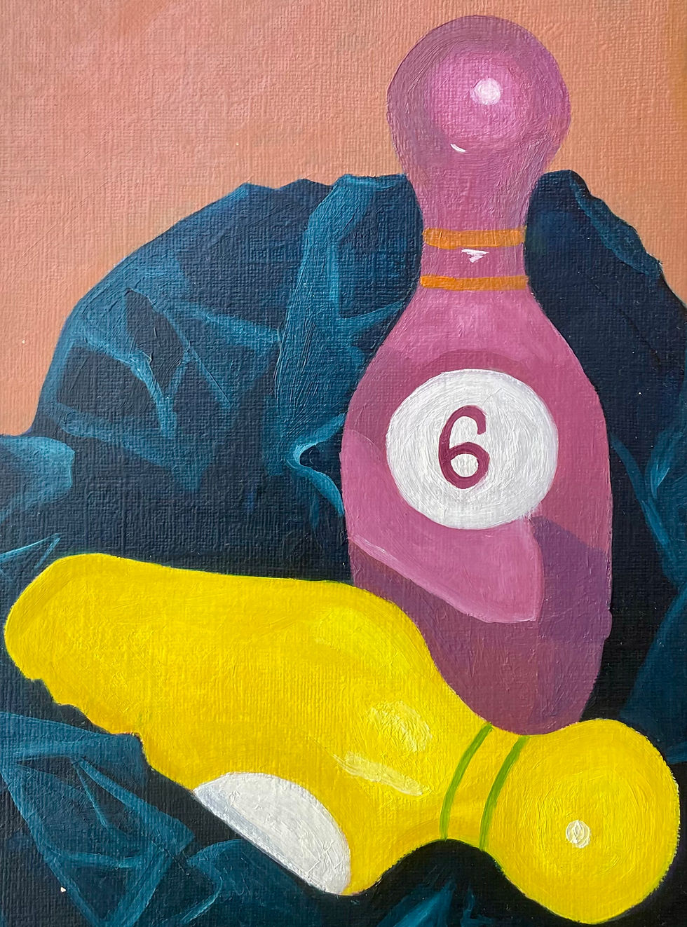 oil painting of still life in purple yellow and brown